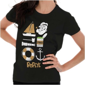 Brisco Brands Popeye The Sailor Man Sea Captain Womens Slim Fit Graphic Tee(Black)
