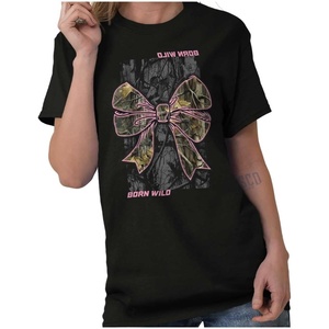 Cute Girly Hunter Camouflage Bows Womens Graphic T Shirt Tees(Black – Born Wild)