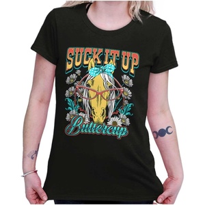 Funny Horse Suck It up Buttercup Womens Slim Fit Graphic Tee(Black)