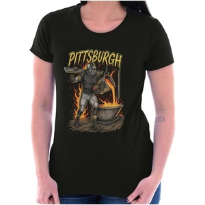 Home Team Skeleton Football Player Womens Slim Fit Graphic Tee(Black – Pittsburgh)