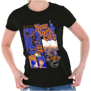 New York Basketball Game NYC Graffiti Womens Slim Fit Graphic Tee(Black)