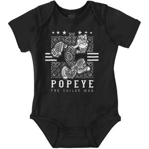 Popeye Cartoon Paisley Bandana Pattern Baby Romper Boys or Girls(Black – Paisley Popeye)