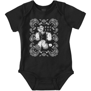 Popeye Cartoon Paisley Bandana Pattern Baby Romper Boys or Girls(Black – Popeye Bandana)