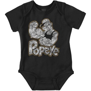 Popeye Urban Stick and Leaf Camouflage Gym Baby Romper Boys or Girls(Black – Muscle Flex)