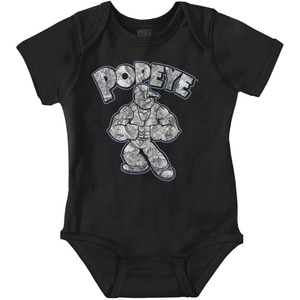 Popeye Urban Stick and Leaf Camouflage Gym Baby Romper Boys or Girls(Black – Muscular Sailor Man)