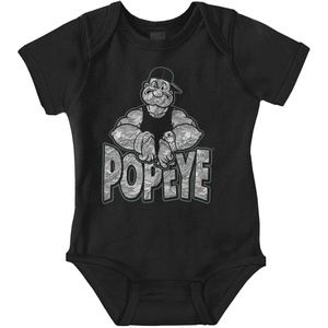 Popeye Urban Stick and Leaf Camouflage Gym Baby Romper Boys or Girls(Black – Popeye Bling)
