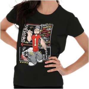 Popeye Urban Train Station Streetwear Womens Slim Fit Graphic Tee(Black)