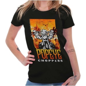 Vintage Popeye Biker Classic Choppers Womens Slim Fit Graphic Tee(Black – Popeye Choppers)