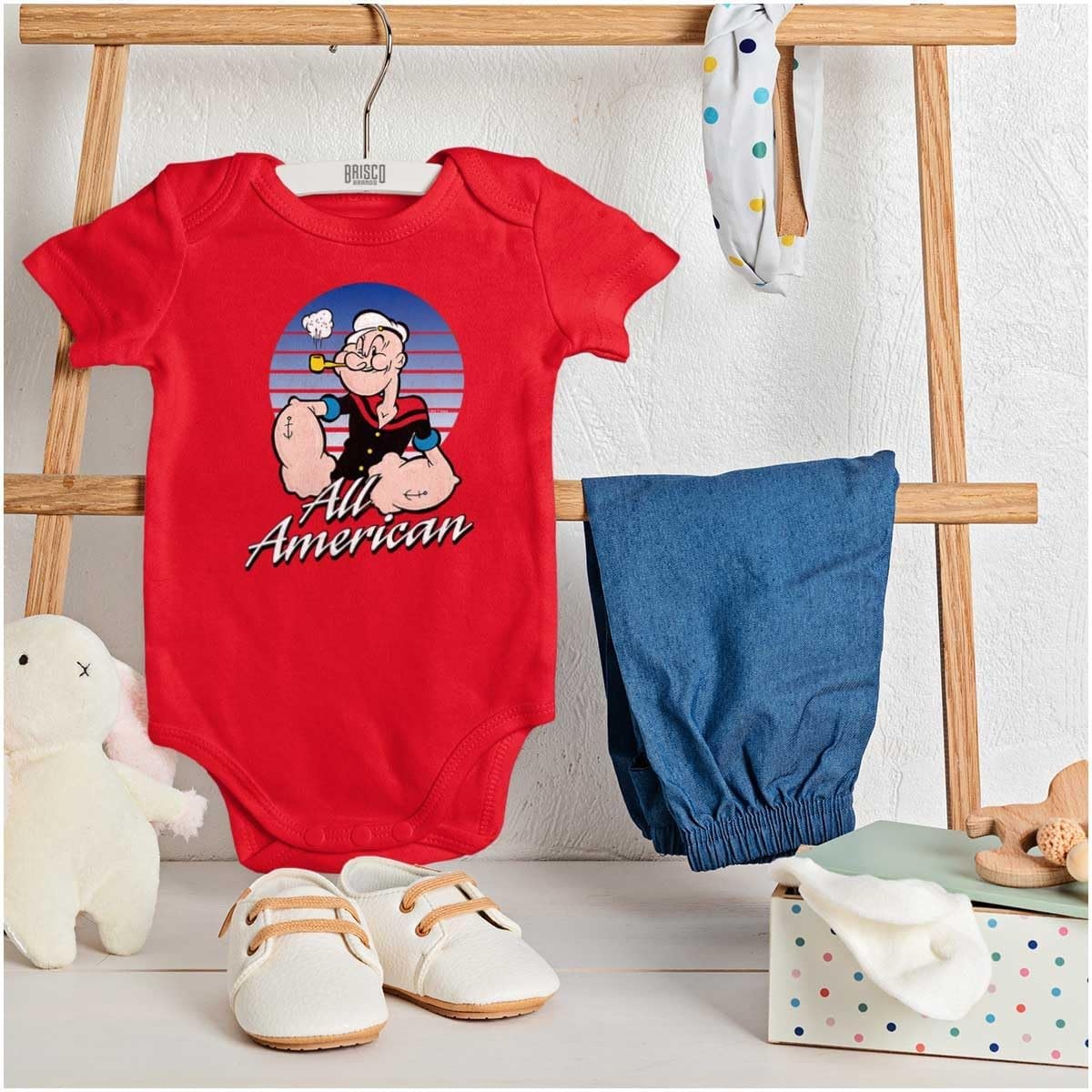 image:imageBrisco Brands All American Popeye The Sailor Man Baby Romper Boys or GirlsRed