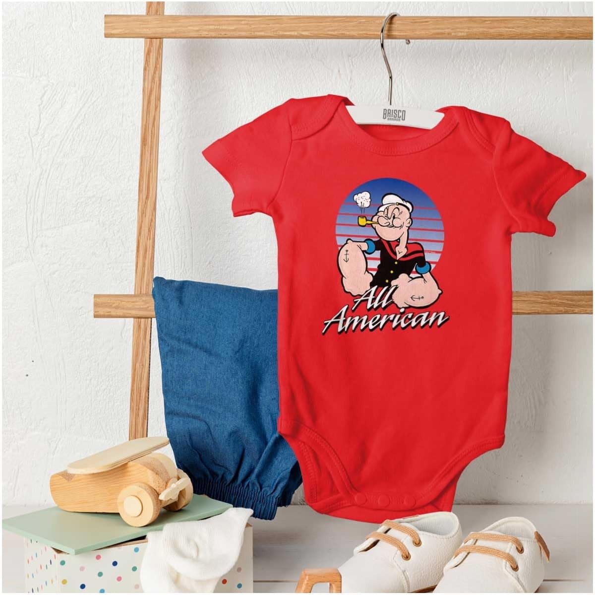 image:imageBrisco Brands All American Popeye The Sailor Man Baby Romper Boys or GirlsRed