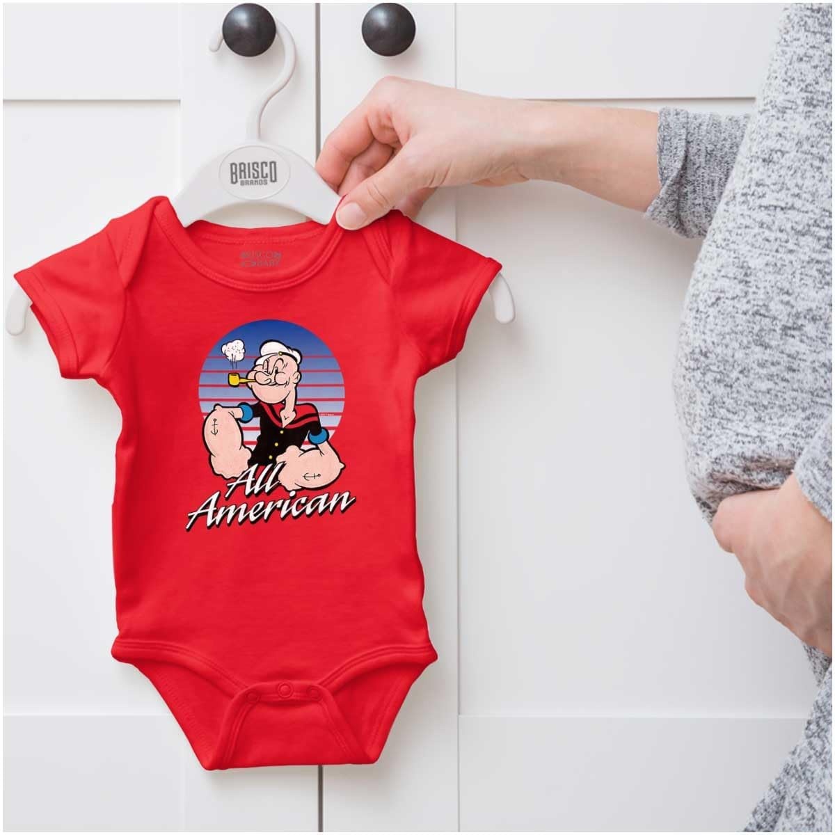 image:imageBrisco Brands All American Popeye The Sailor Man Baby Romper Boys or GirlsRed