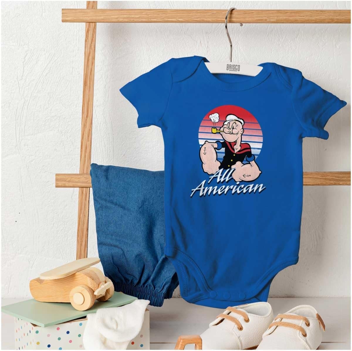 image:imageBrisco Brands All American Popeye The Sailor Man Baby Romper Boys or GirlsRoyal