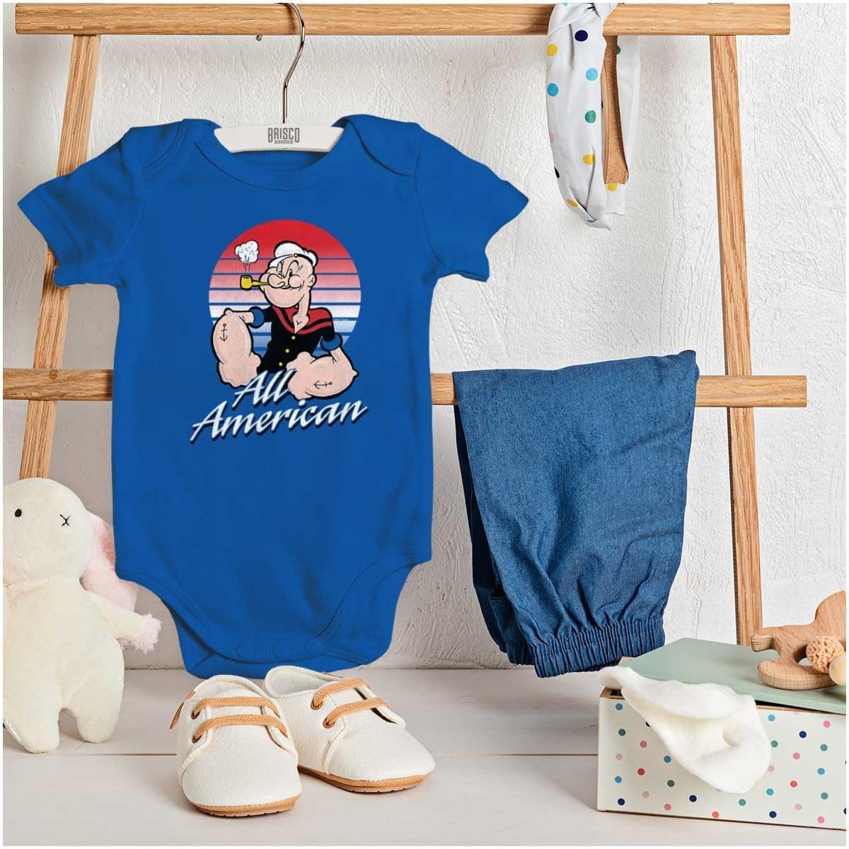 image:imageBrisco Brands All American Popeye The Sailor Man Baby Romper Boys or GirlsRoyal