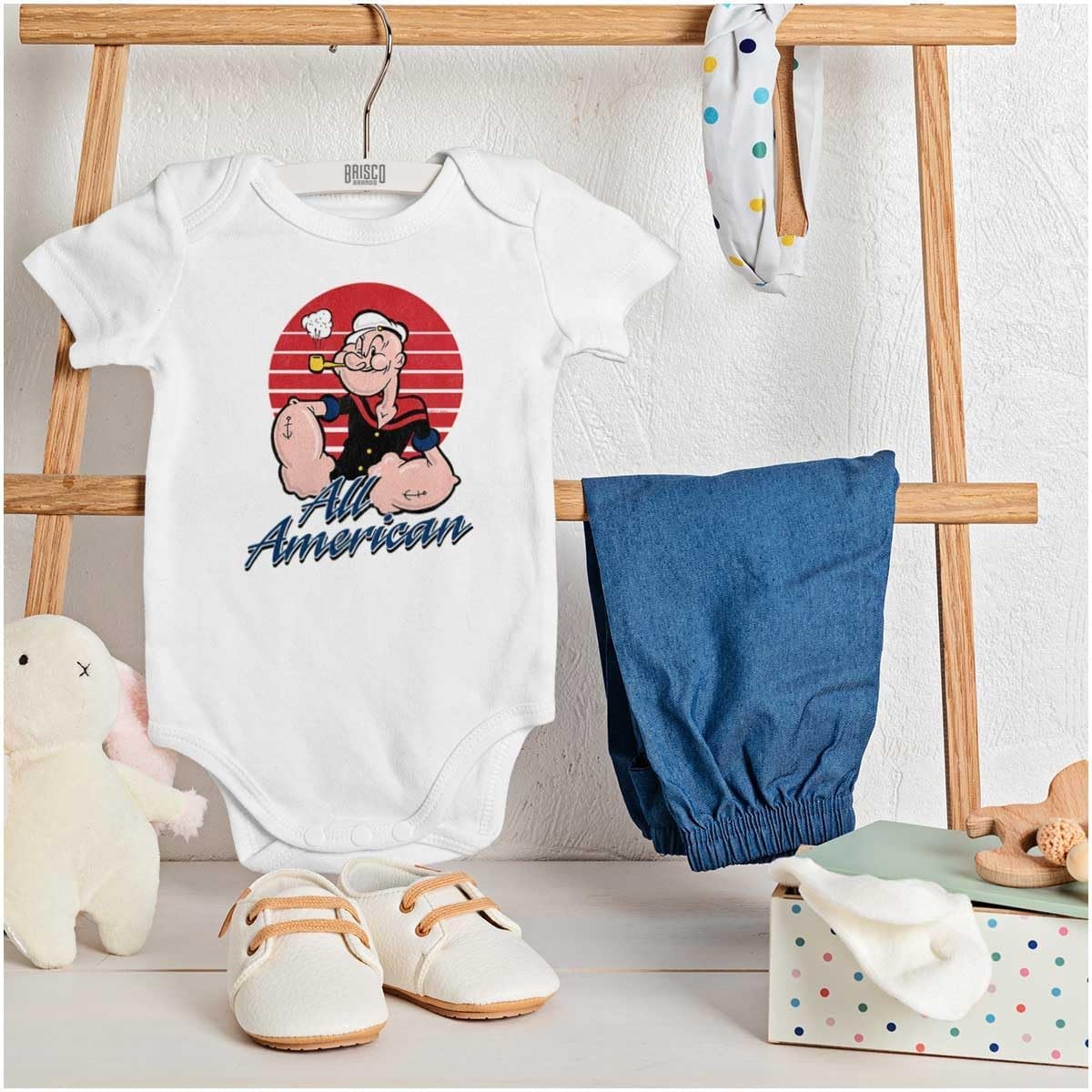 image:imageBrisco Brands All American Popeye The Sailor Man Baby Romper Boys or GirlsWhite