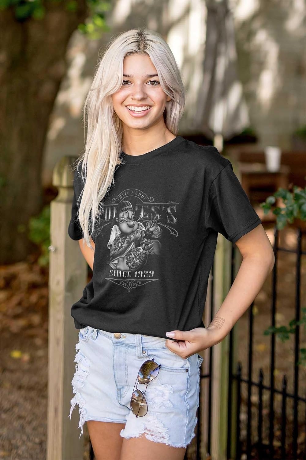 image:imageBrisco Brands Cool Popeyes Tattoo Shop Cartoon Graphic T Shirt Men or WomenBlack