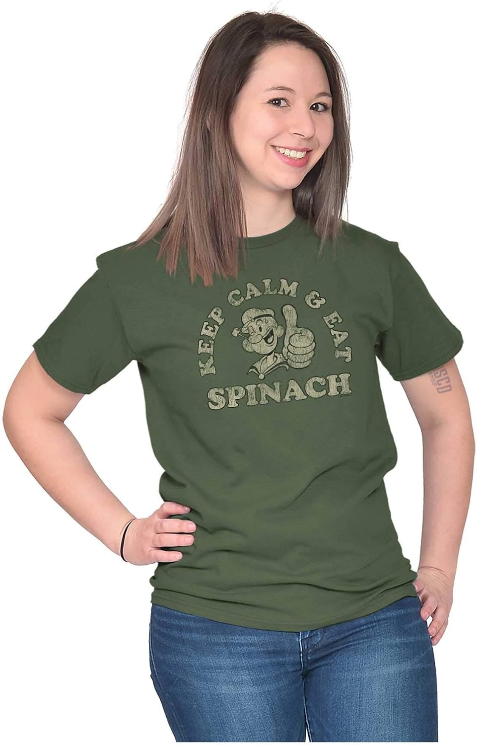 image:imageBrisco Brands Keep Calm and Eat Spinach Popeye Graphic T Shirt Men or WomenMilitary Green