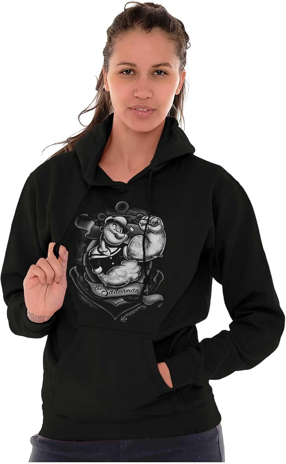 image:imageBrisco Brands Popeye Anchor Tattoo Muscle Flex Hoodie Sweatshirt Women MenBlack
