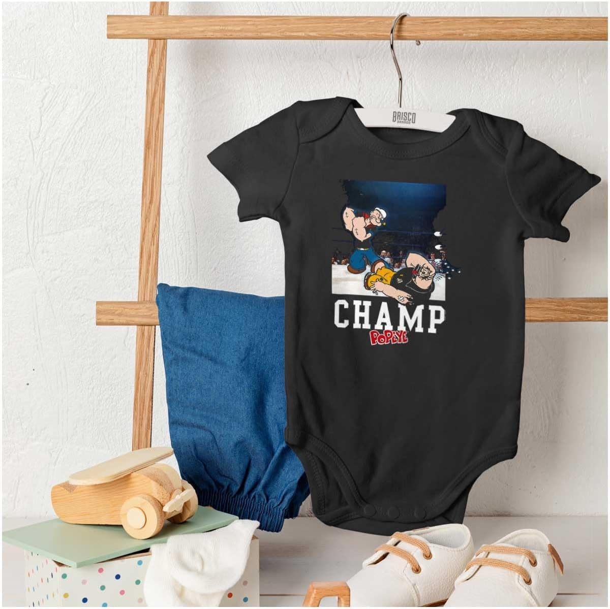 image:imageBrisco Brands Popeye Boxing Championship Photo Baby Romper Boys or GirlsBlack