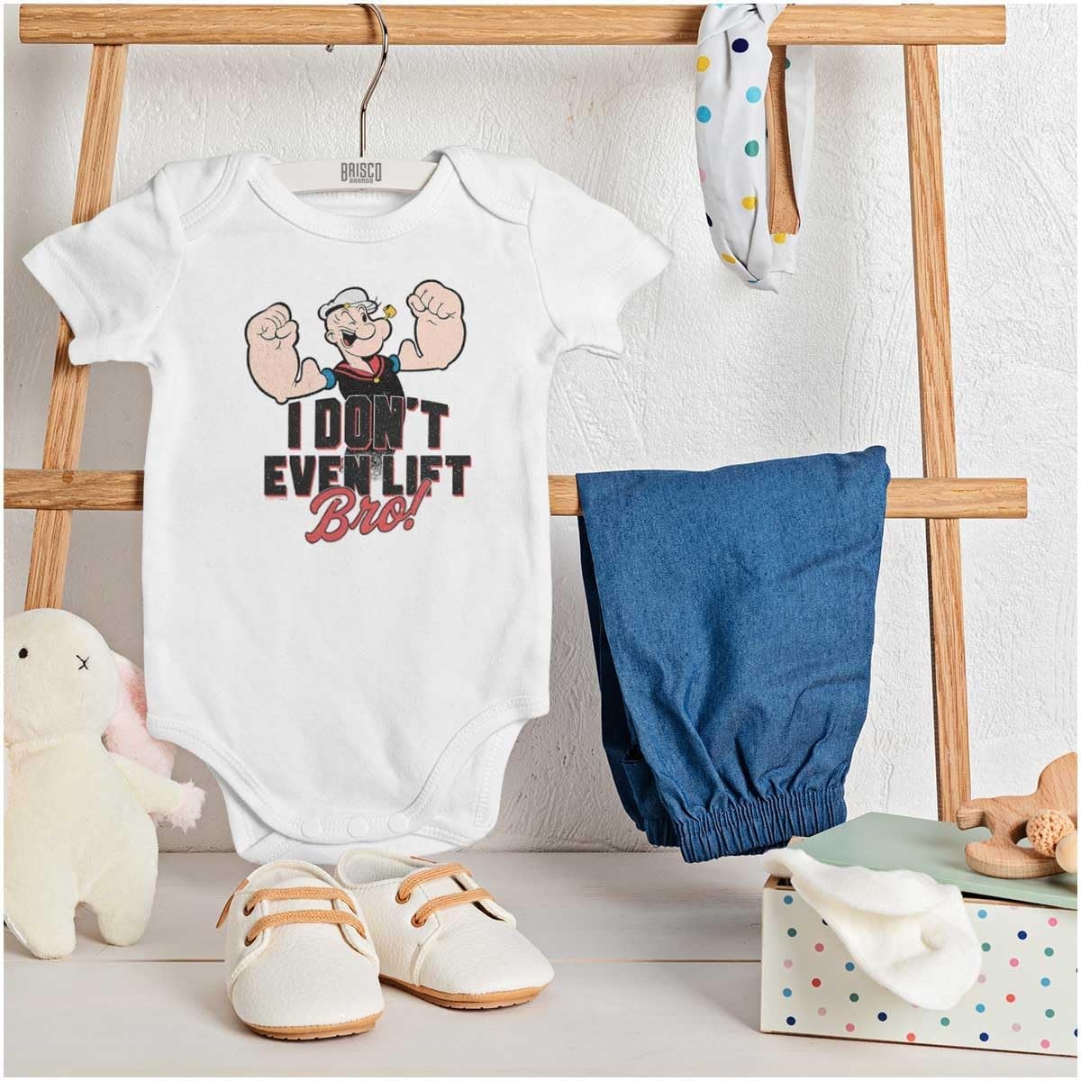 image:imageBrisco Brands Popeye I Dont Even Lift Bro Funny Baby Romper Boys or GirlsWhite
