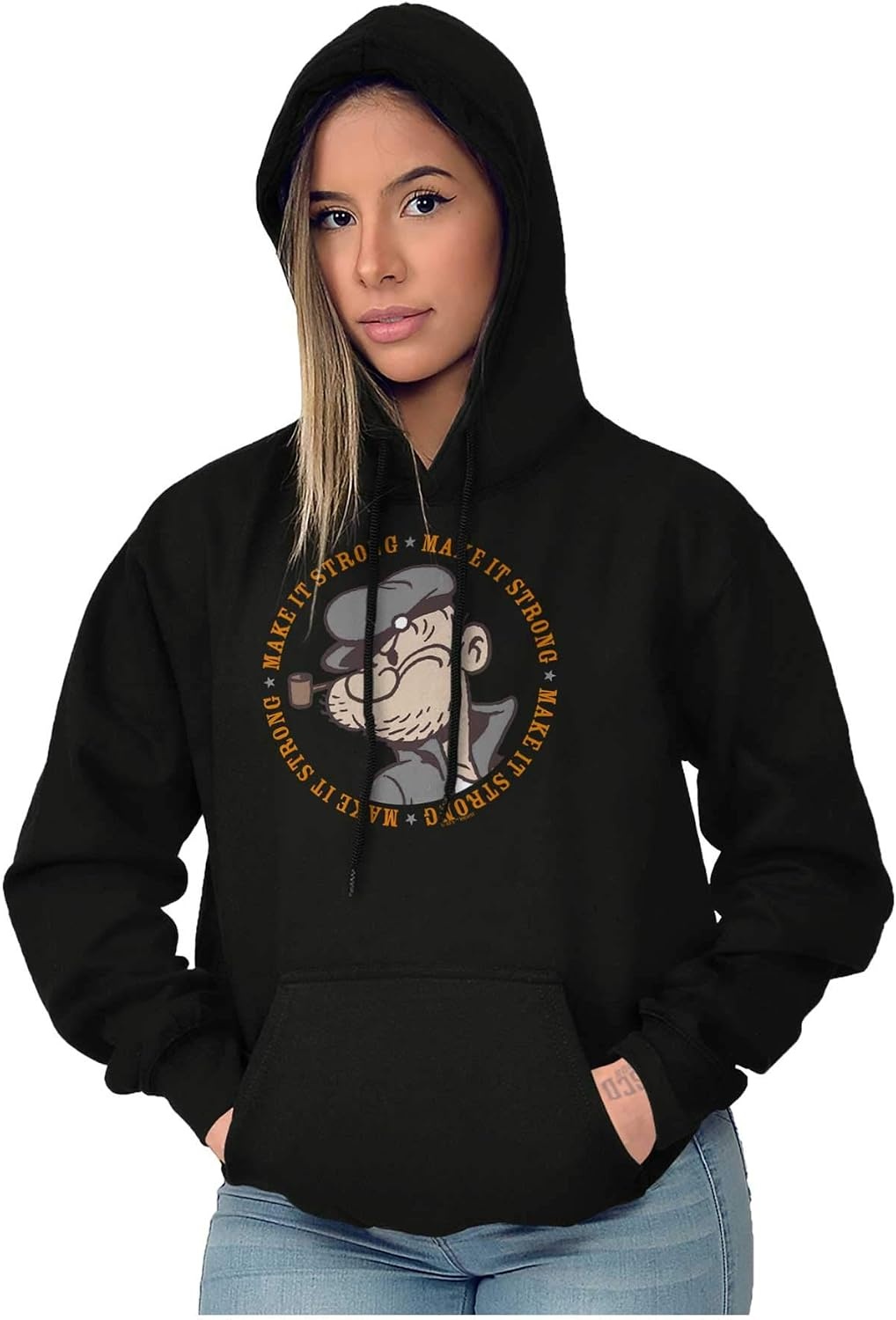 image:imageBrisco Brands Popeye Sailor Make It Strong Quote Hoodie Sweatshirt Women MenBlack