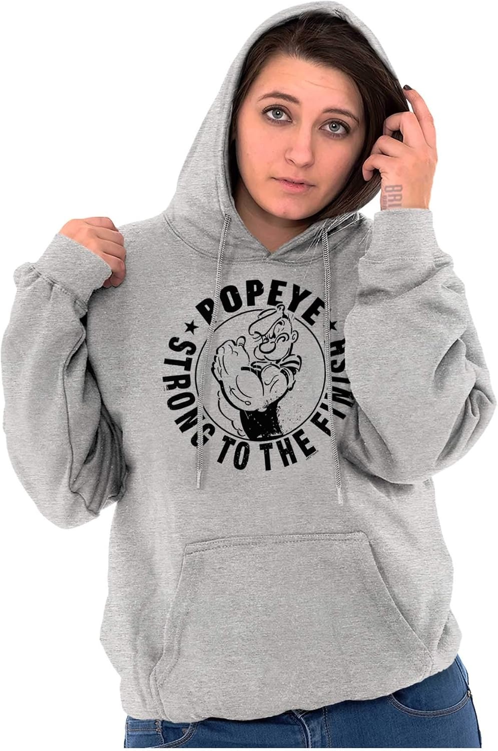 image:imageBrisco Brands Popeye Strong To The Finish Flexing Hoodie Sweatshirt Women MenSport Grey
