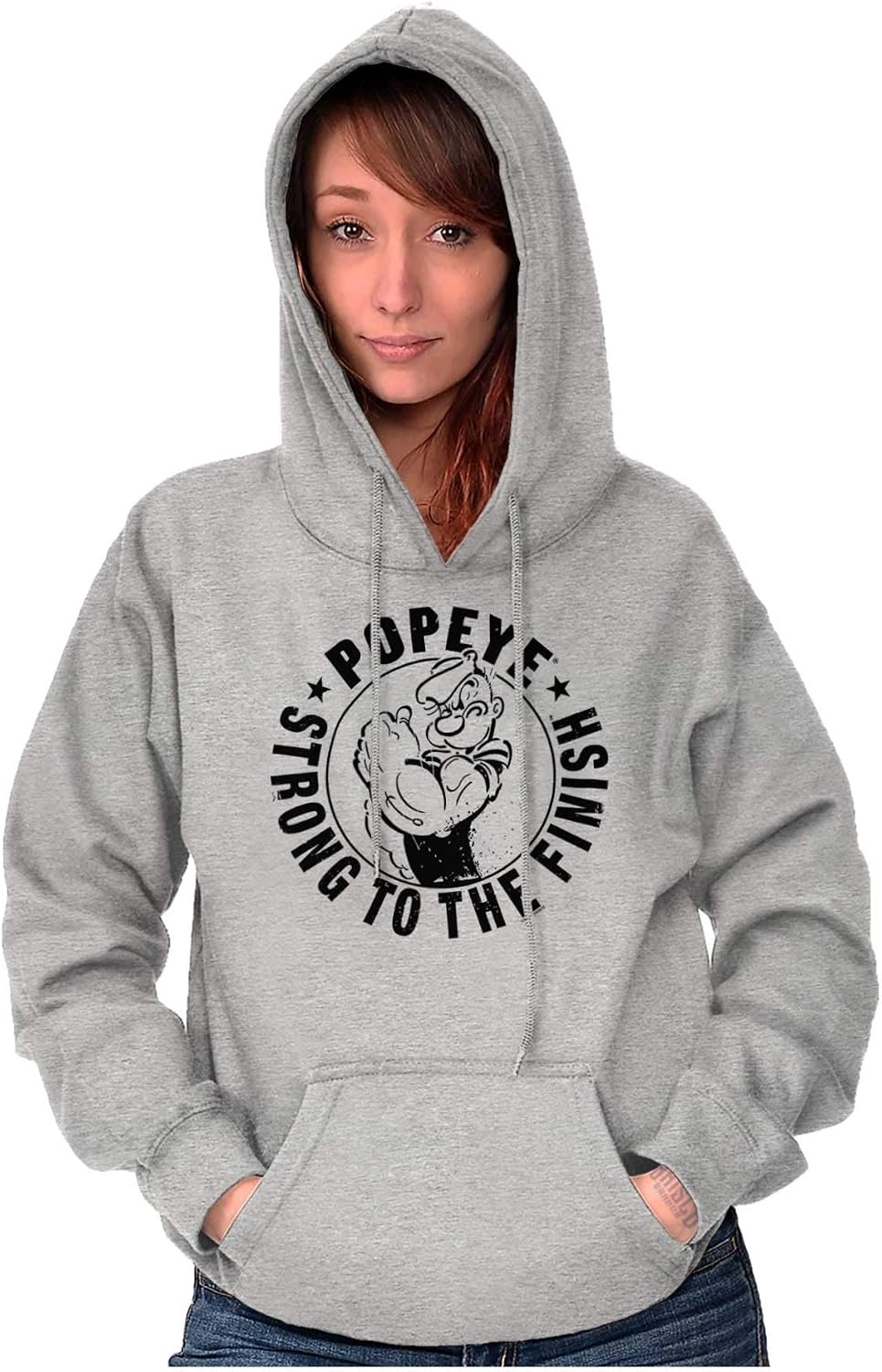 image:imageBrisco Brands Popeye Strong To The Finish Flexing Hoodie Sweatshirt Women MenSport Grey