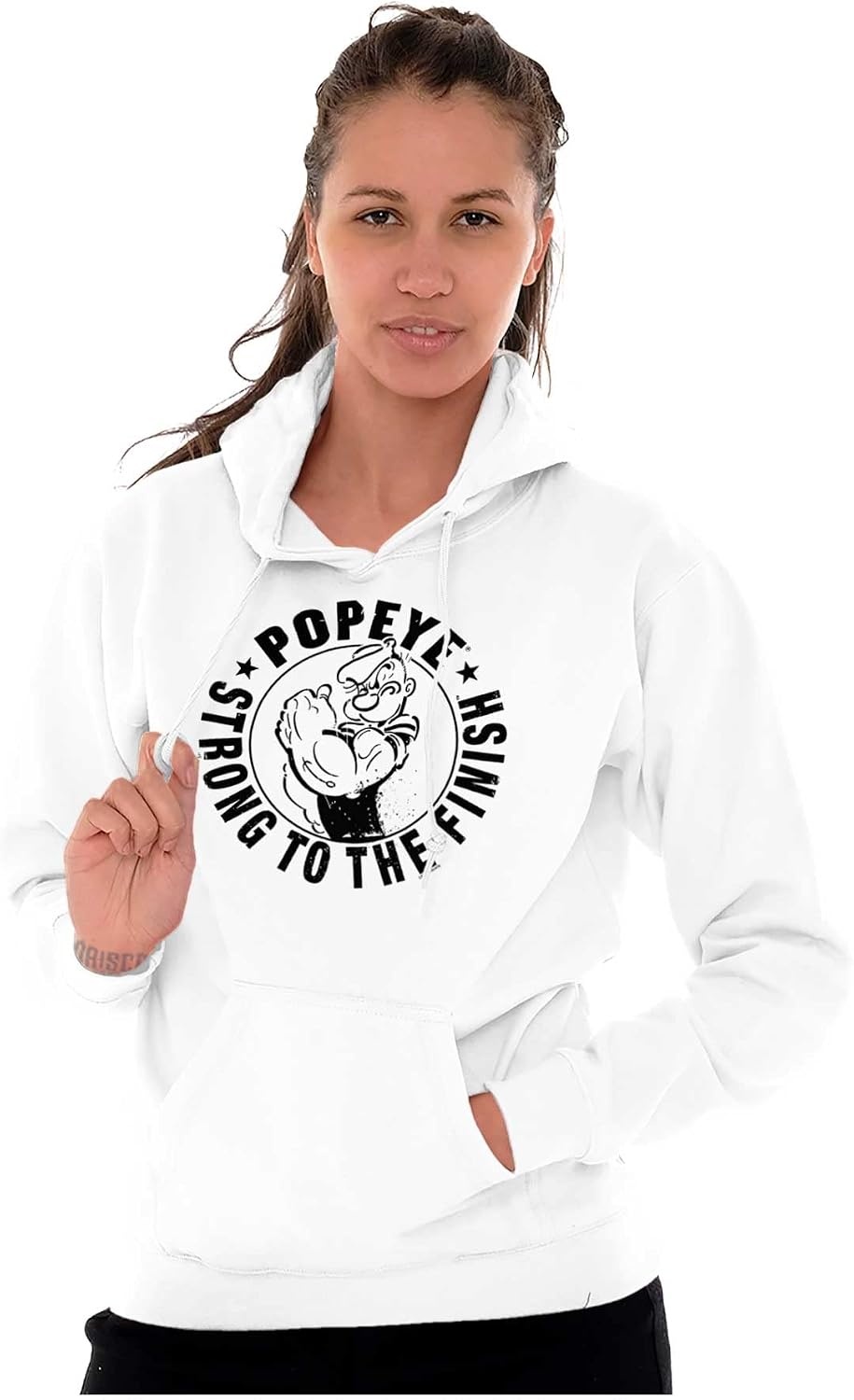 image:imageBrisco Brands Popeye Strong To The Finish Flexing Hoodie Sweatshirt Women MenWhite
