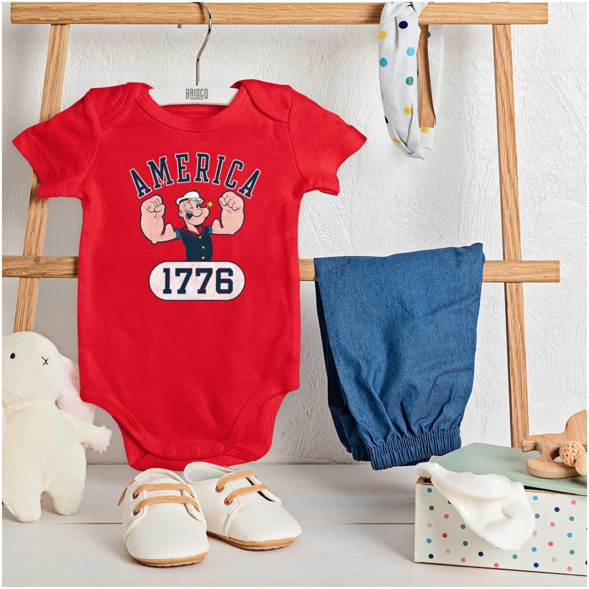 image:imageBrisco Brands Popeye The Sailor Man America 1776 Baby Romper Boys or GirlsRed