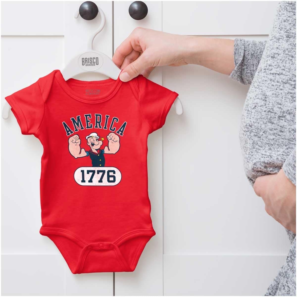 image:imageBrisco Brands Popeye The Sailor Man America 1776 Baby Romper Boys or GirlsRed