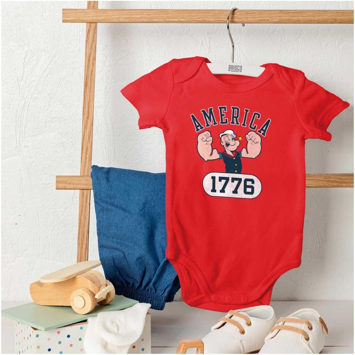 image:imageBrisco Brands Popeye The Sailor Man America 1776 Baby Romper Boys or GirlsRed