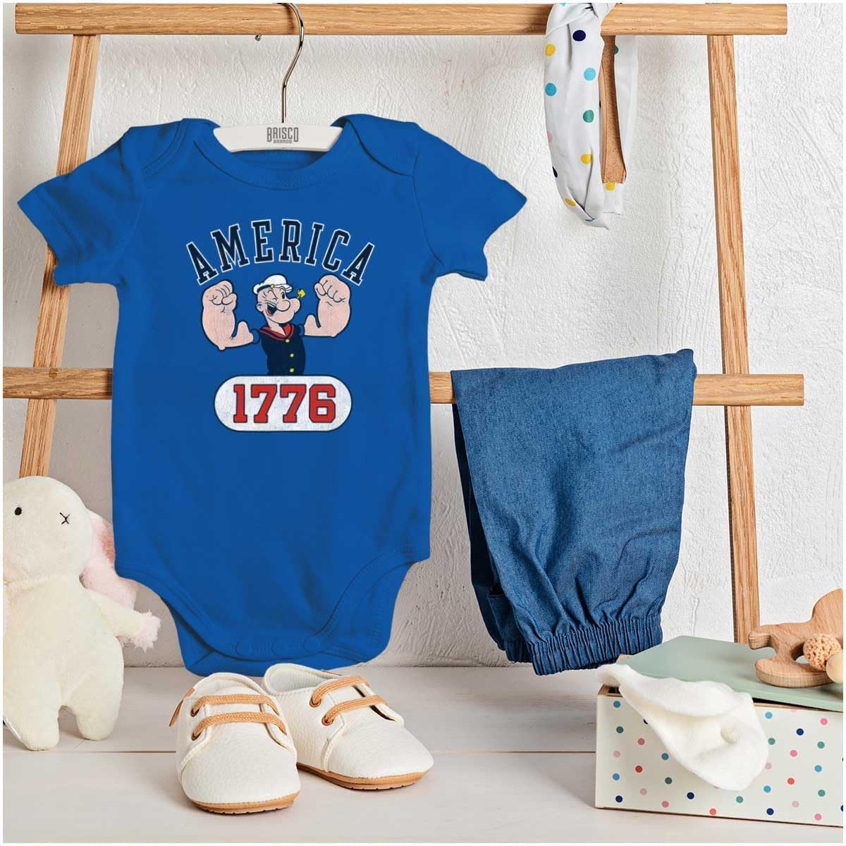 image:imageBrisco Brands Popeye The Sailor Man America 1776 Baby Romper Boys or GirlsRoyal