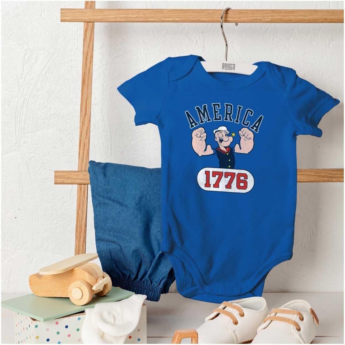 image:imageBrisco Brands Popeye The Sailor Man America 1776 Baby Romper Boys or GirlsRoyal