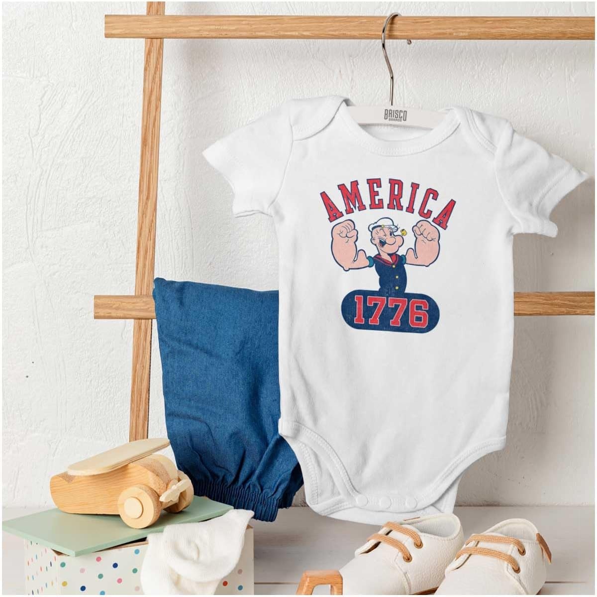 image:imageBrisco Brands Popeye The Sailor Man America 1776 Baby Romper Boys or GirlsWhite
