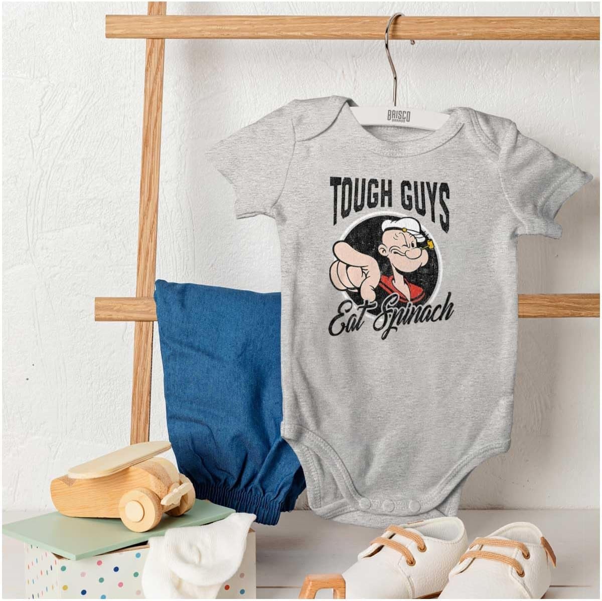 image:imageBrisco Brands Popeye Tough Guys Eat Spinach Funny Baby Bodysuit Jumper BoysHeather