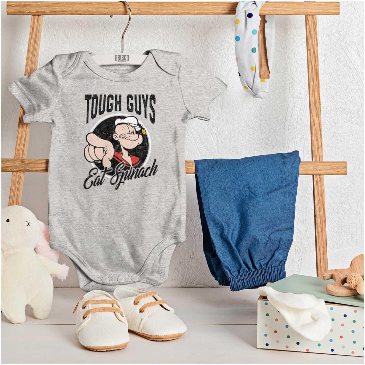 image:imageBrisco Brands Popeye Tough Guys Eat Spinach Funny Baby Bodysuit Jumper BoysHeather