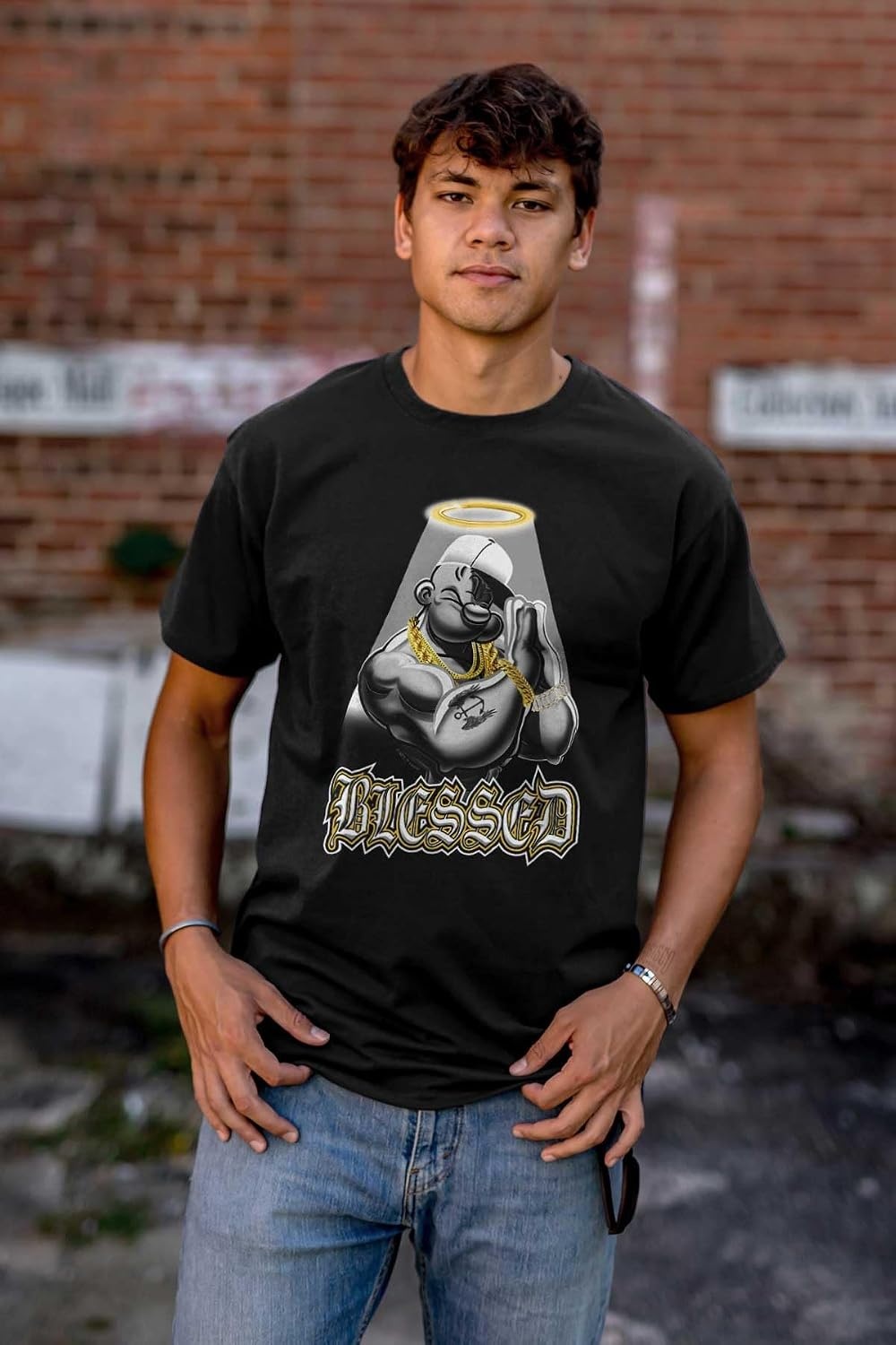 image:imageBrisco Brands Urban Popeye Blessed Angel Cartoon Graphic T Shirt Men or WomenBlack