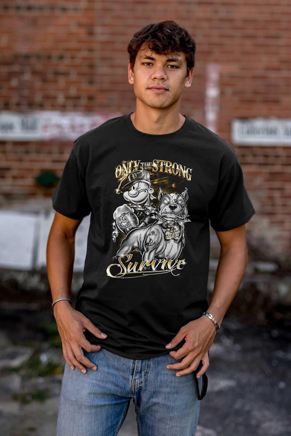 image:imageBrisco Brands Urban Popeye Dog Only Strong Survive Graphic T Shirt Men or WomenBlack