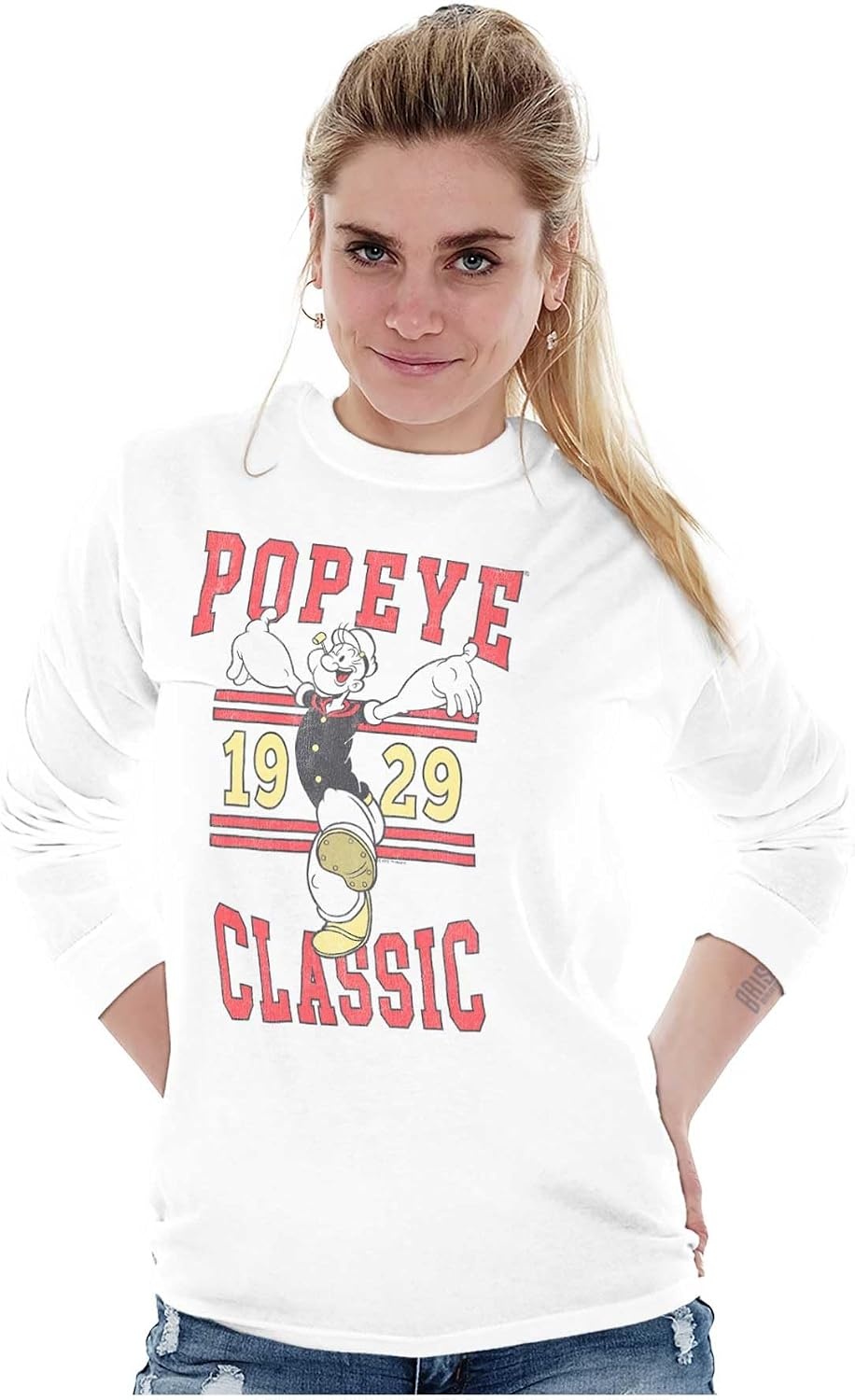 image:imageClassic Popeye Vintage Varsity Long Sleeve Tshirt Men WomenWhite