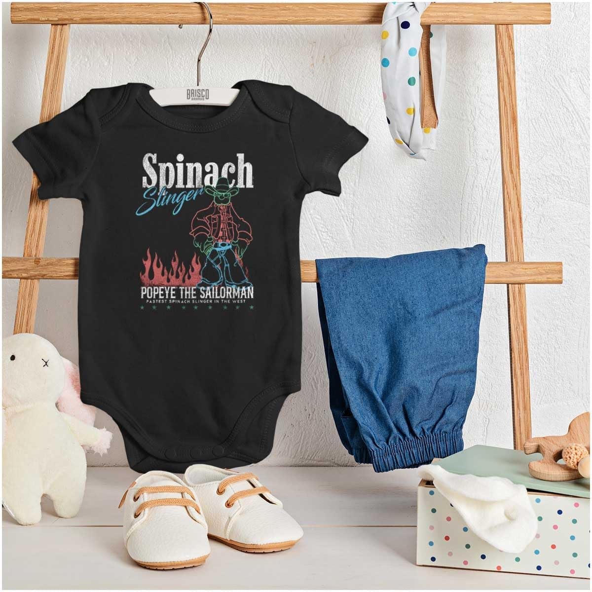 image:imagePopeye Western Desert Cowboy Cartoon Baby Romper Boys or GirlsBlack Spinach Slinger