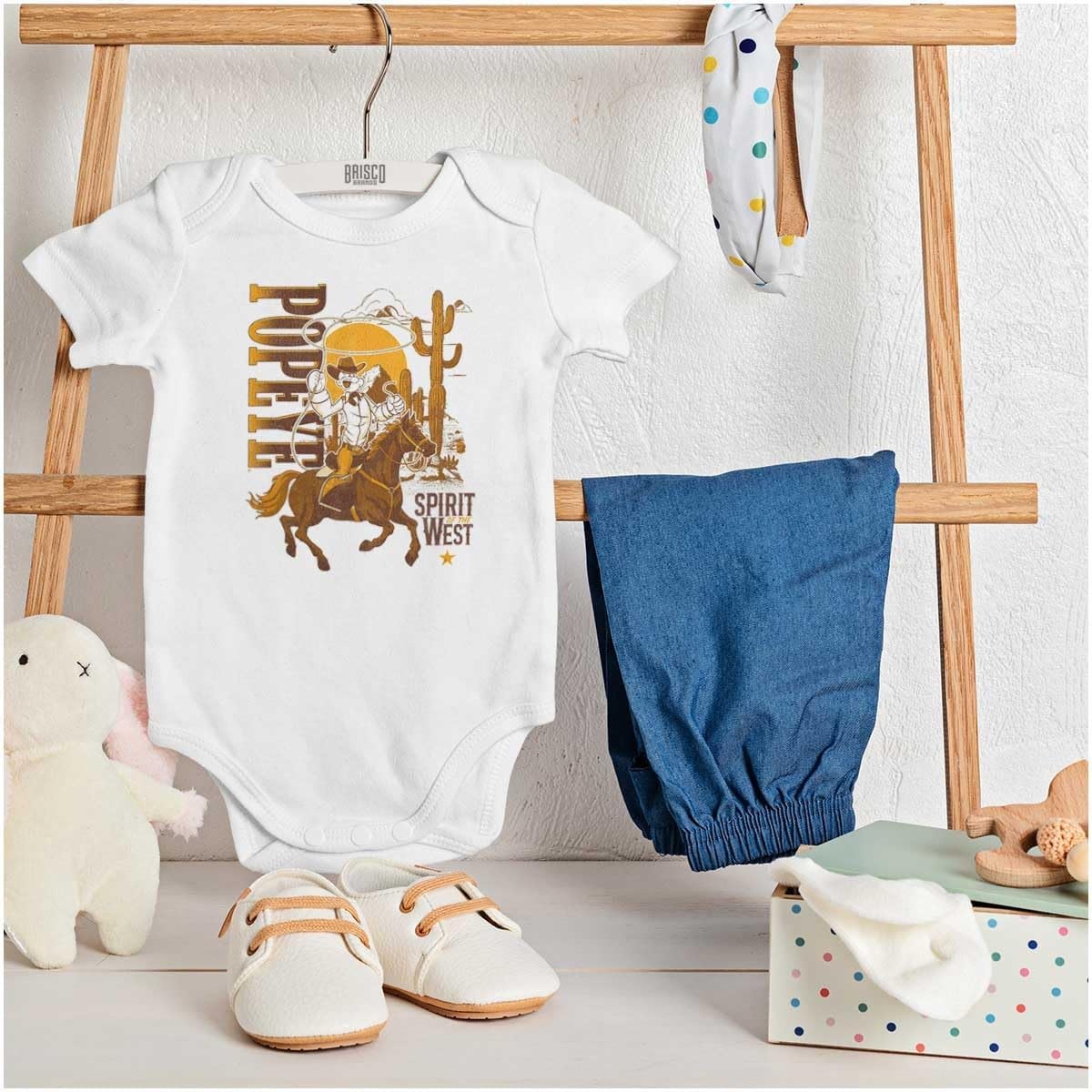image:imagePopeye Western Desert Cowboy Cartoon Baby Romper Boys or GirlsWhite Spirit of the West