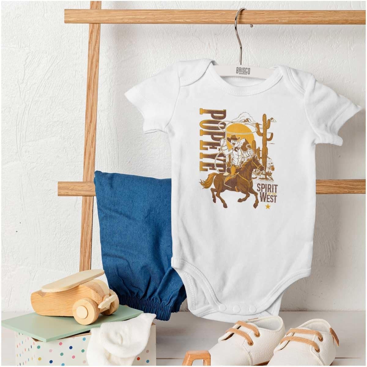image:imagePopeye Western Desert Cowboy Cartoon Baby Romper Boys or GirlsWhite Spirit of the West