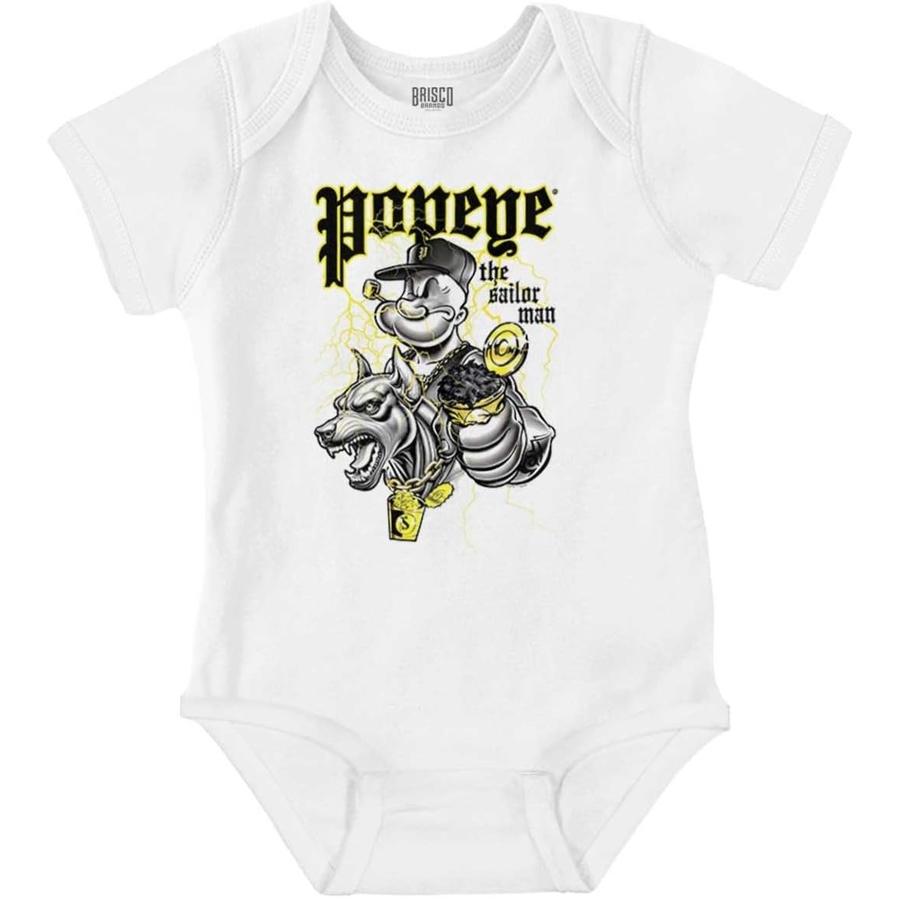 image:imageBrisco Brands Popeye Urban Spinach Dog Lover Baby Romper Boys or GirlsWhite