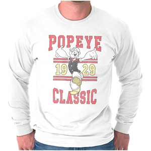 Classic Popeye Vintage Varsity Long Sleeve Tshirt Men Women(White)