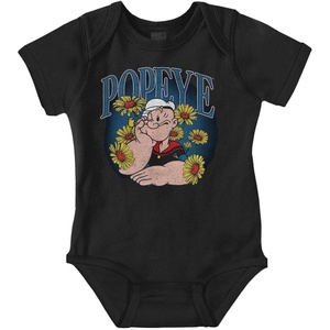 Popeye The Sailor Man Cartoon Flowers Baby Bodysuit Jumper Girls(Black)
