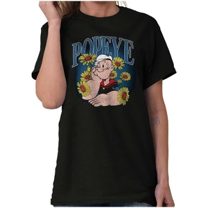 Popeye The Sailor Man Cartoon Flowers Womens Graphic T Shirt Tees(Black)