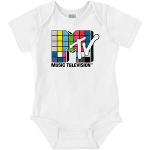 Brisco Brands Retro MTV Colorful Squares Logo Baby Romper Boys or Girls(White)