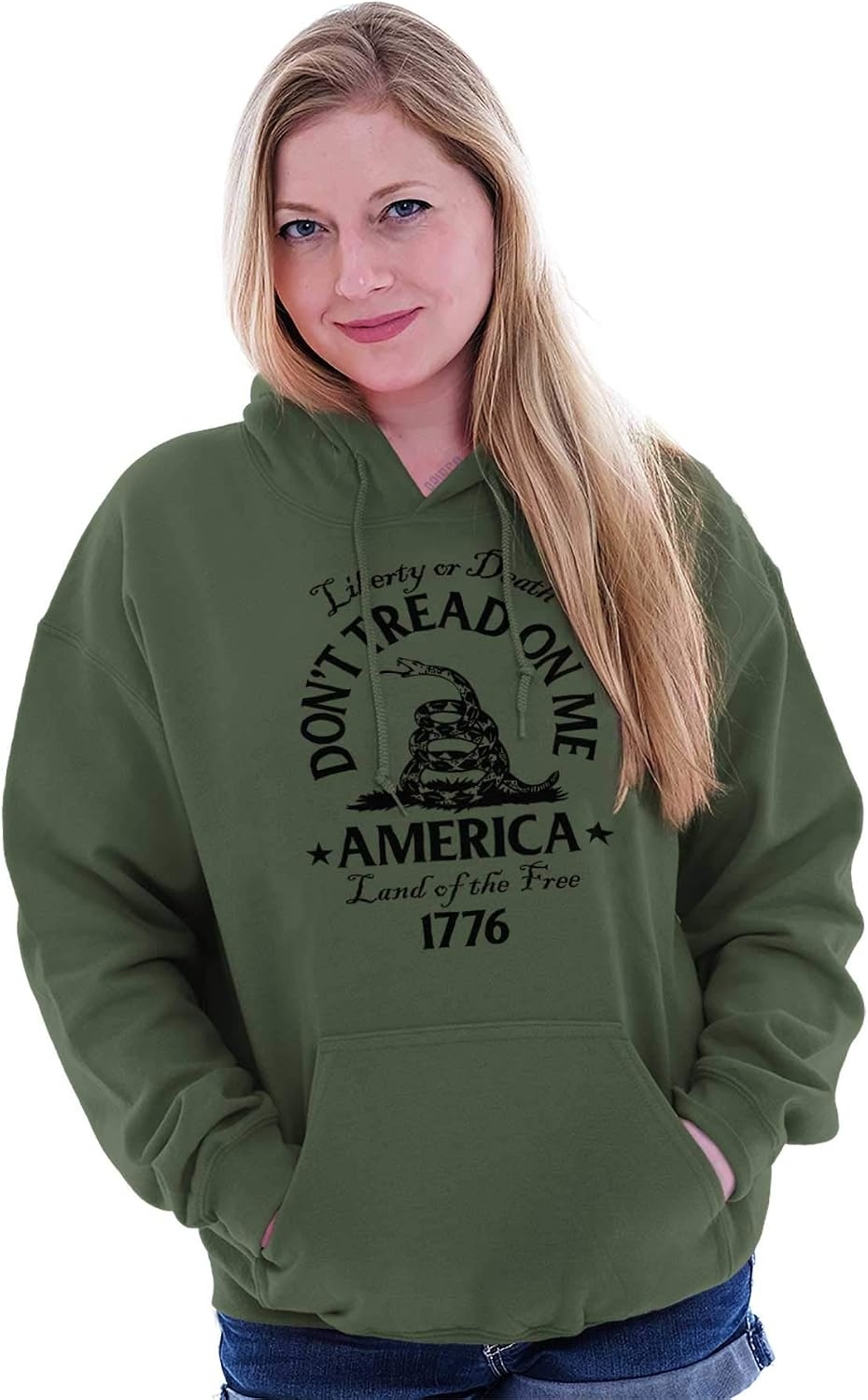image:imageBrisco Brands Patriotic American Land of the Free Snake Hoodie Sweatshirt Women MenMilitary Green